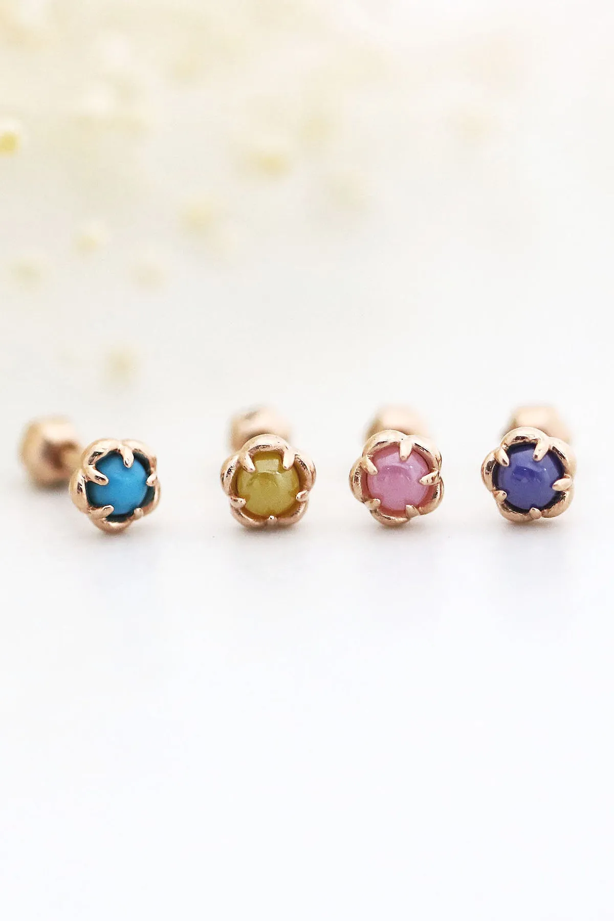14K 18K Solid Gold Bezel Flower Helix Tragus Cartilage Conch Barbell Piercing Earring Stud