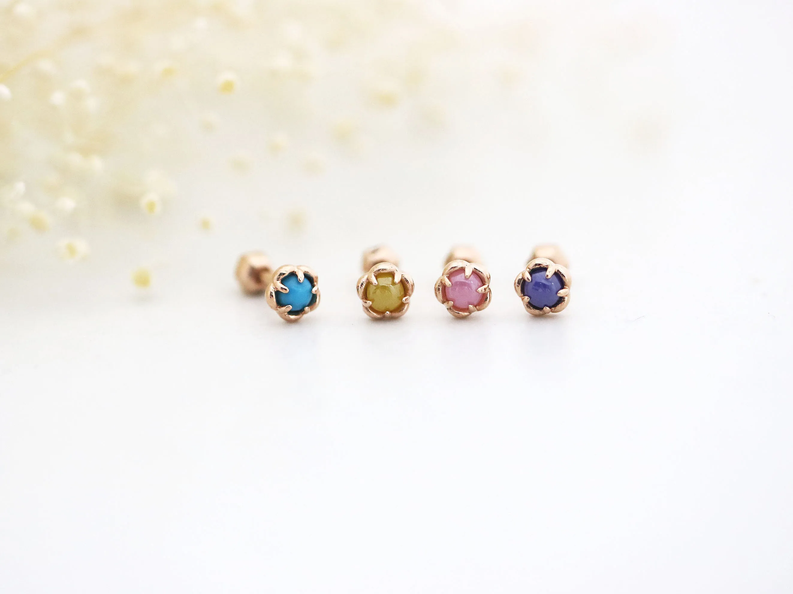 14K 18K Solid Gold Bezel Flower Helix Tragus Cartilage Conch Barbell Piercing Earring Stud